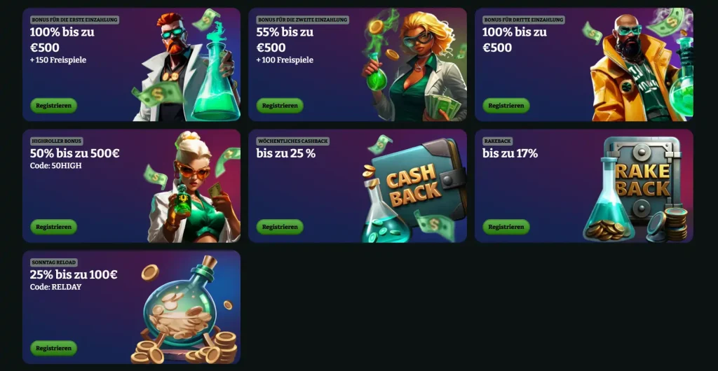 Boomzino Casino Einzahlungsbonus mit 100% bis 500 Euro, Cashback und Rakeback Aktionen