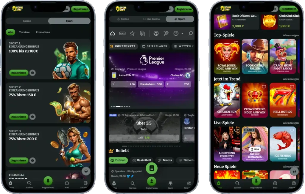 Boomzino Casino mobile Version mit Sportwetten und Live Casino auf Smartphone