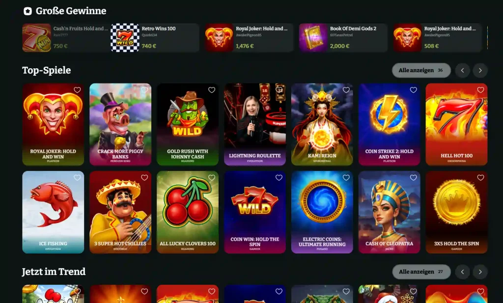 Boomzino Casino Top Spiele Übersicht mit Slots und Live Roulette